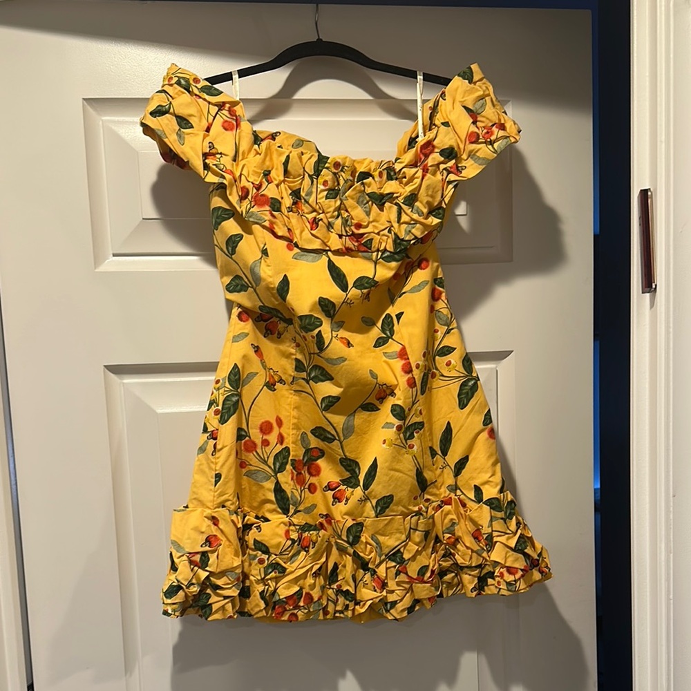 Agua by Agua Bendita Off-Shoulder Floral Yellow Dress